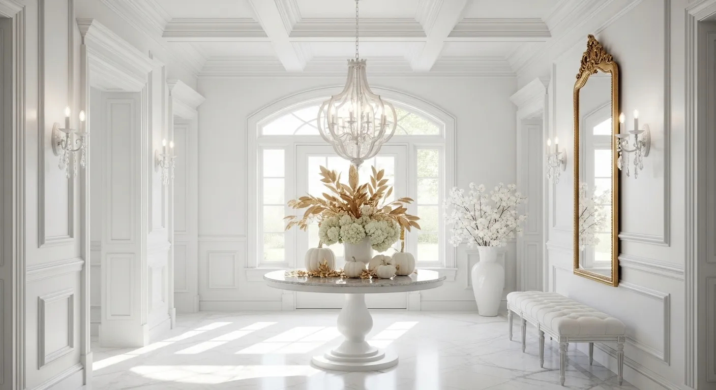 Luxurious classic entryway design with white decor and autumn accents.