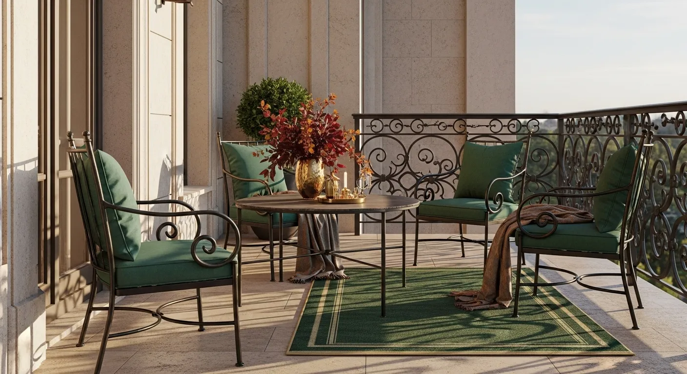 Elegant outdoor balcony design with emerald green furniture and autumn decor.