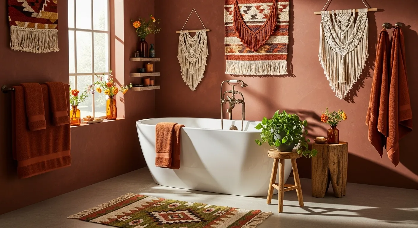 Bohemian bathroom featuring rust-colored walls, macrame art, and spring decor with vibrant flowers.