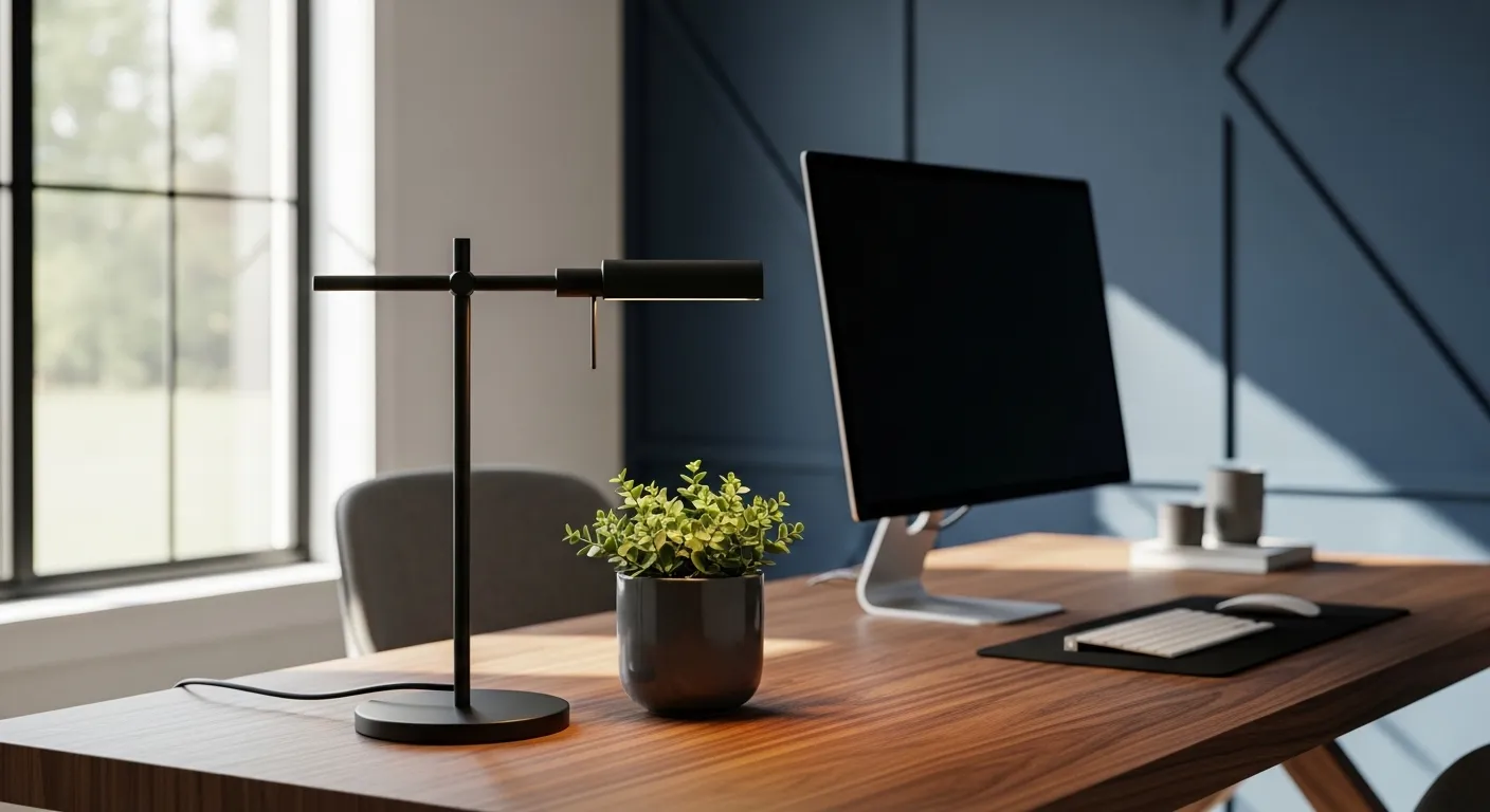 Minimalist home office with inky midnight blue walls, modern desk lamp, and stylish decor.