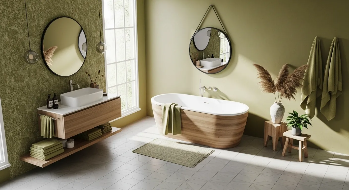 Japandi style bathroom featuring olive green walls, wooden accents, and natural decor for a serene atmosphere.