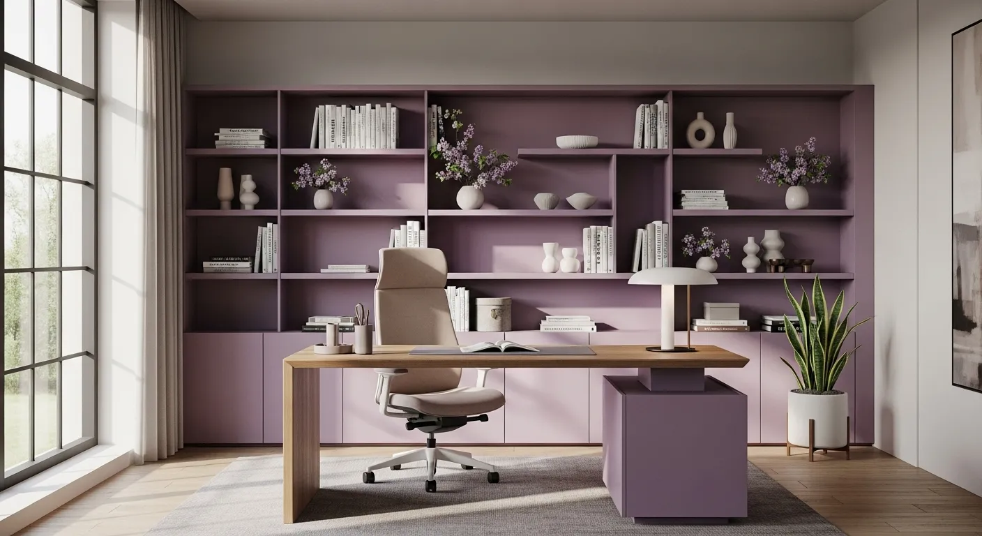 Modern home office with lilac decor for spring. Stylish shelves, plants, and a cozy workspace.