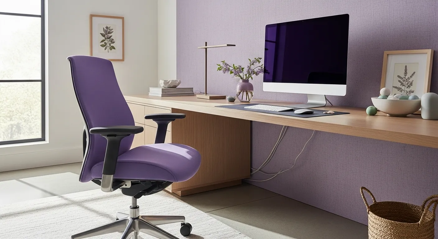 Modern home office decorated in lilac, featuring a stylish desk and chair for spring decor.
