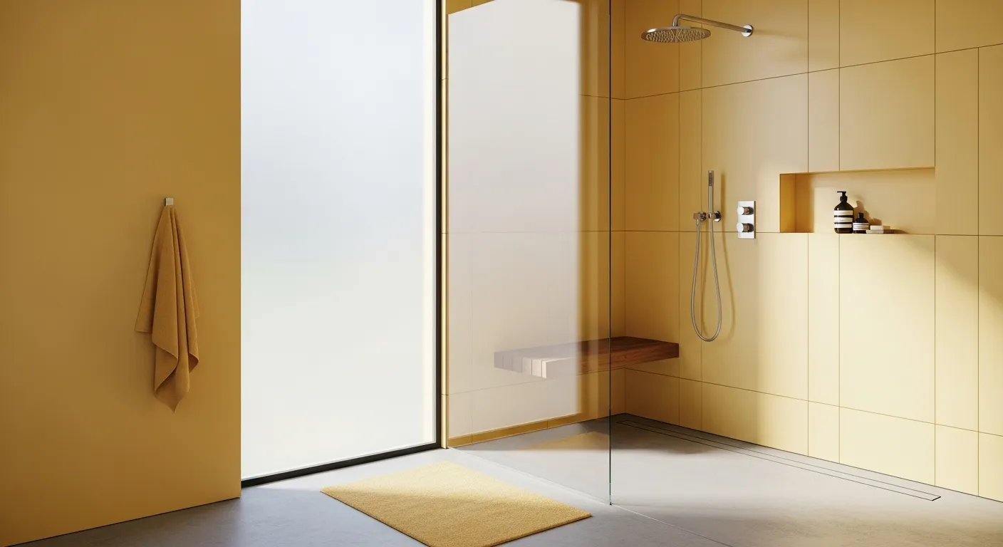 Minimalist bathroom design in butter yellow with modern fixtures and natural light.