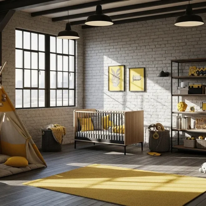 Industrial nursery with yellow accents, featuring a crib, teepee, and shelving in a cozy atmosphere.