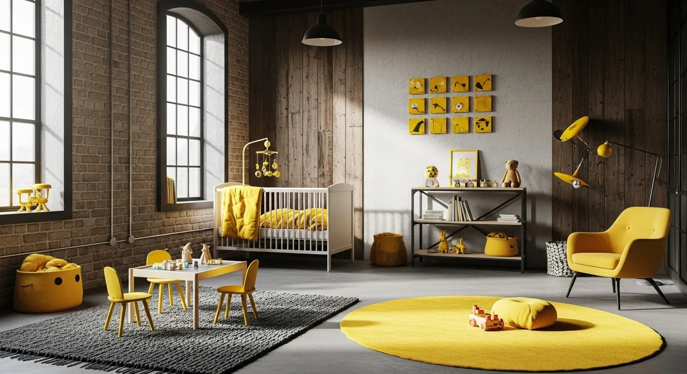 Stylish industrial nursery featuring yellow decor, cozy furnishings, and playful design elements.