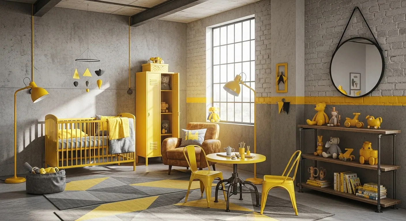 Industrial nursery design featuring yellow decor, a crib, and playful elements.