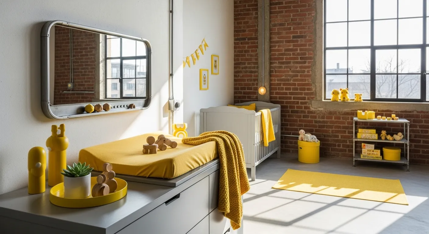 Industrial nursery design featuring yellow accents, cozy decor, and a playful atmosphere.