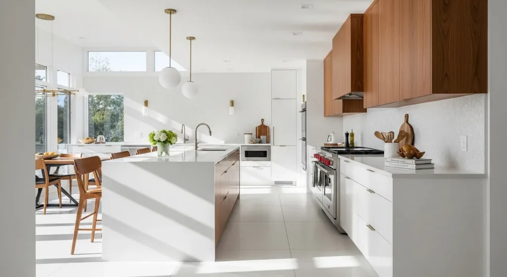 Stylish mid-century modern kitchen with white color palette and wooden accents.