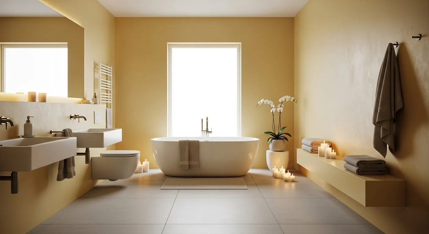 Minimalist bathroom design in butter yellow with modern tub, candles, and plants for a serene atmosphere.
