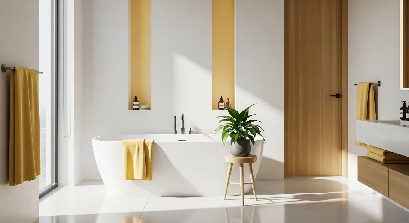 A minimalist bathroom with a butter yellow color palette, featuring a freestanding bathtub, towels, and a plant.