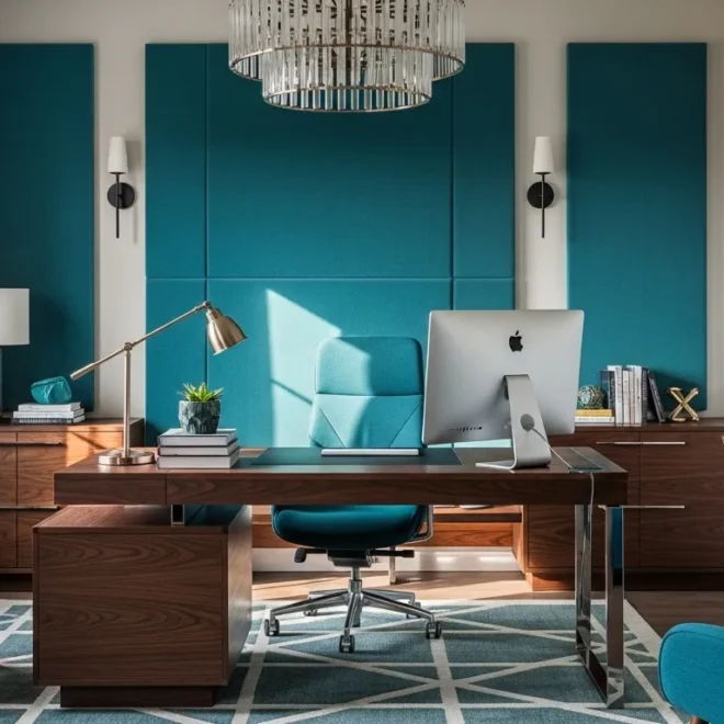 Modern home office design featuring teal accents and elegant wooden furniture.