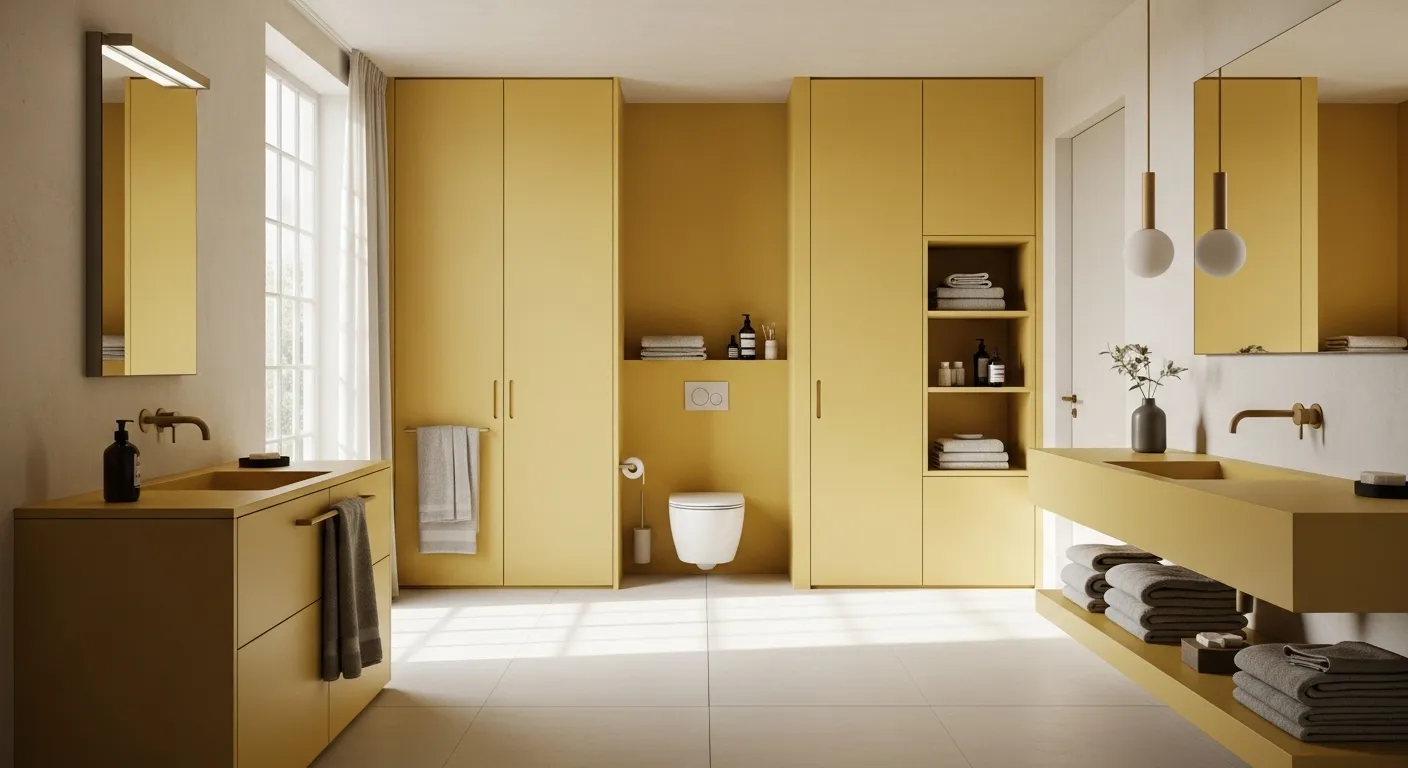 Minimalist bathroom design featuring butter yellow cabinetry and decor for a fresh, inviting atmosphere.