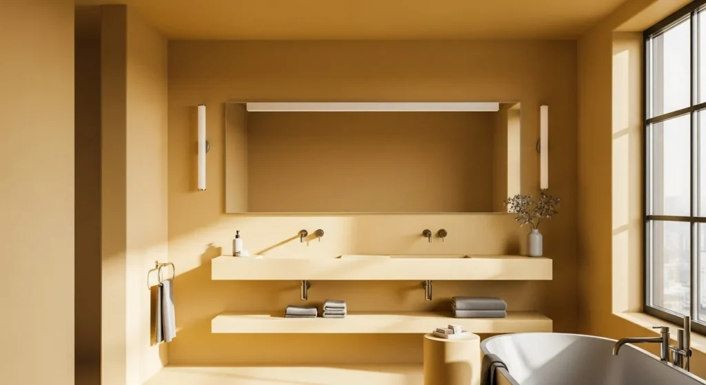 Minimalist bathroom design featuring butter yellow walls and decor for a calming atmosphere.