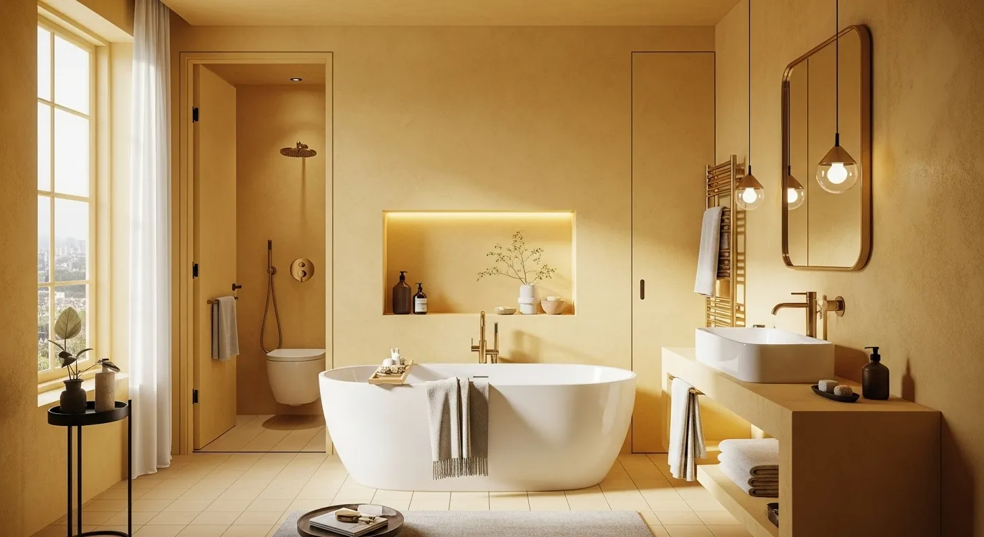 Minimalist bathroom design featuring butter yellow walls and decor for a calming atmosphere.