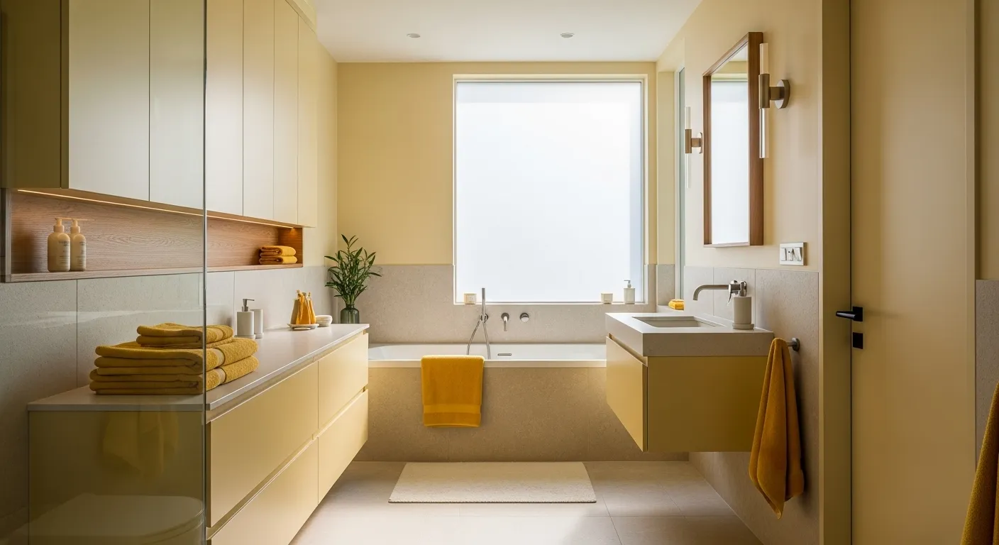 Minimalist bathroom design in butter yellow color palette with sleek cabinetry and modern fixtures.