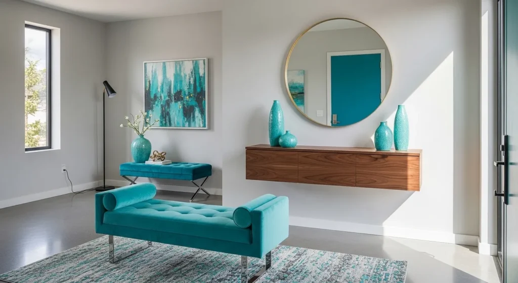 Modern turquoise entryway with stylish furniture and décor featuring a cozy atmosphere.