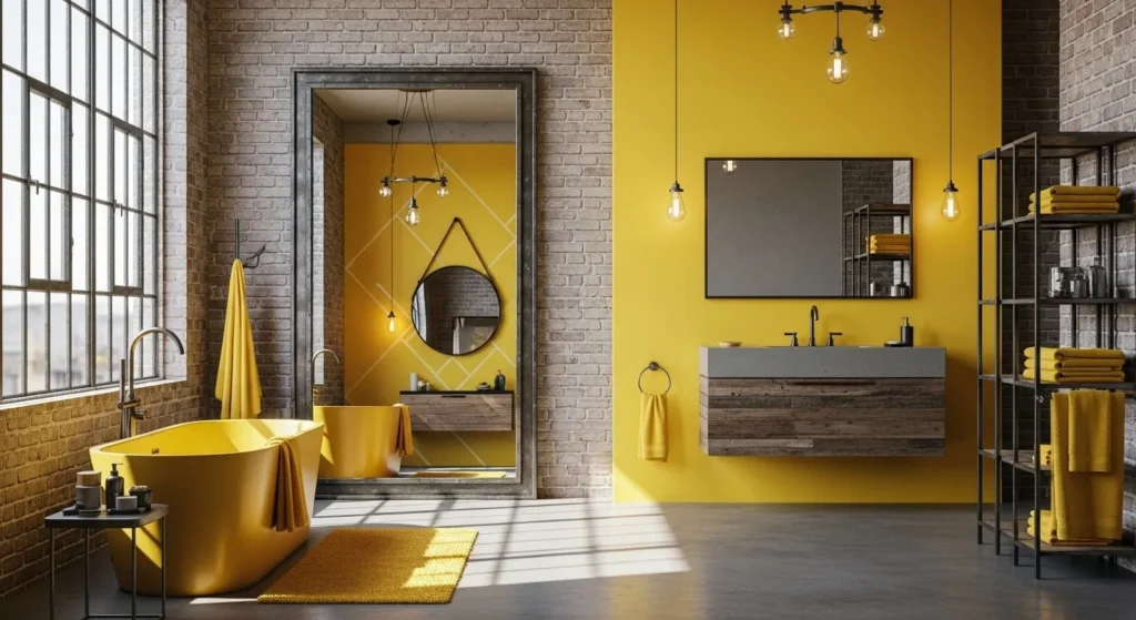Industrial bathroom design featuring yellow accents and decor for a vibrant atmosphere.