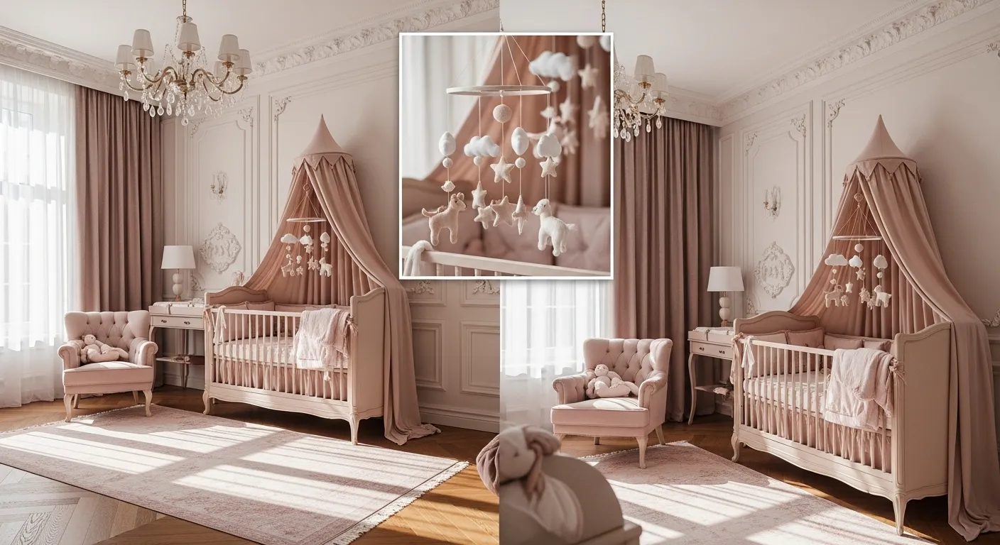 Classic luxury nursery with blush color palette and elegant features.