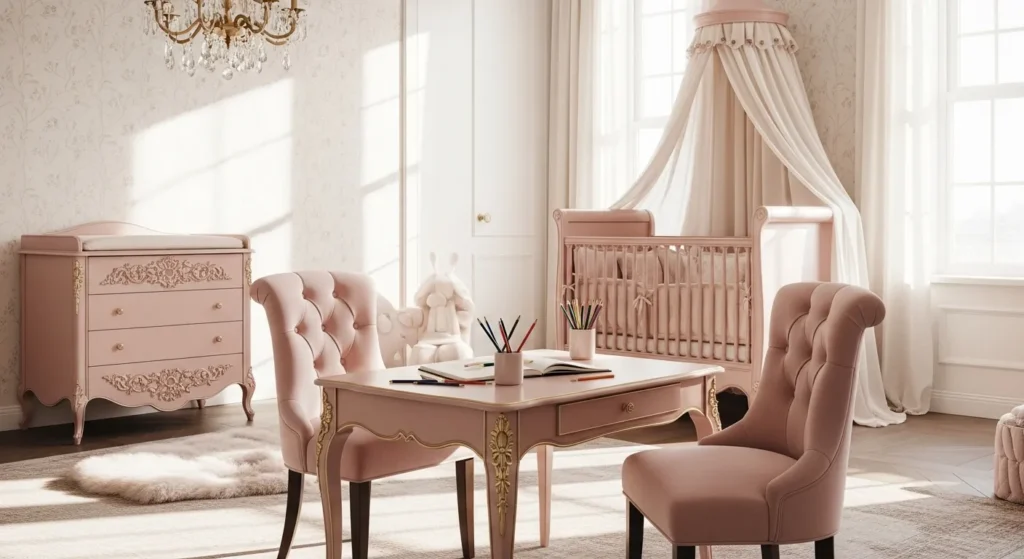 Elegant blush nursery with classic luxury furniture and decor elements