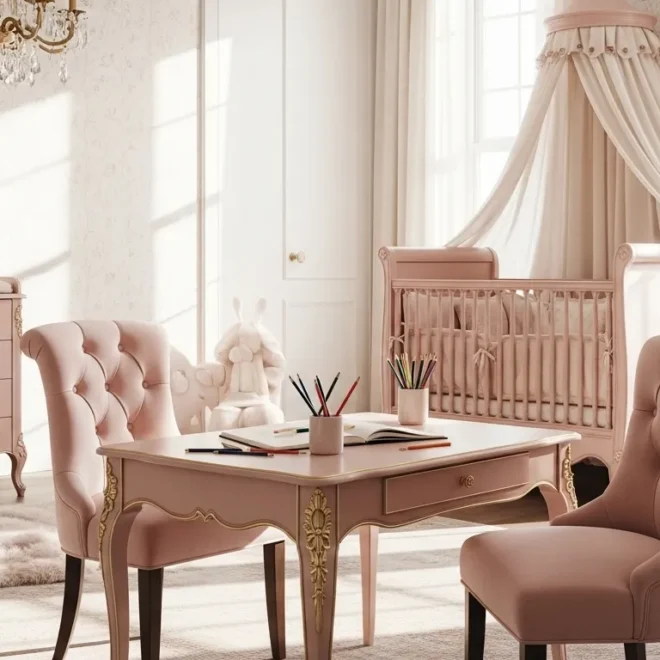 Elegant blush nursery with classic luxury furniture and decor elements