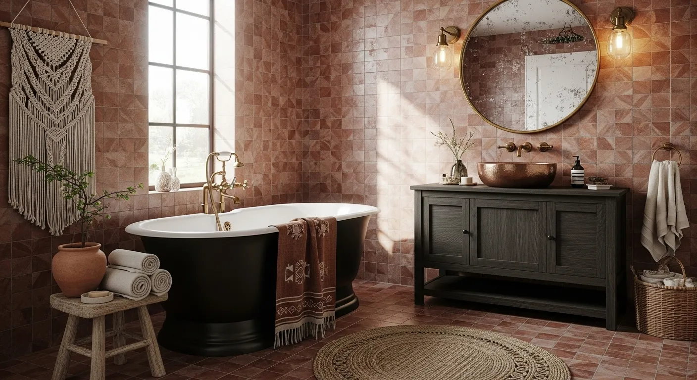Bohemian bathroom with rust color palette, vintage bathtub, and natural decor for spring season.