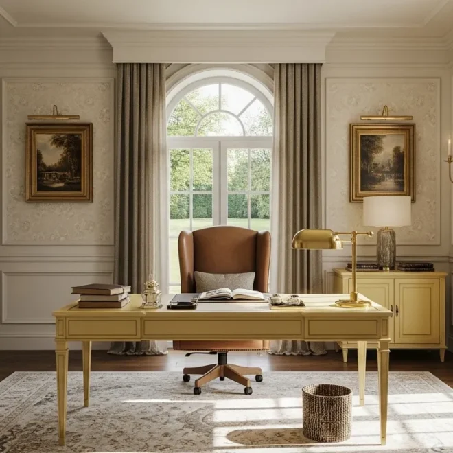 Elegant home office with classic luxury style featuring butter yellow accents and rich wooden elements.