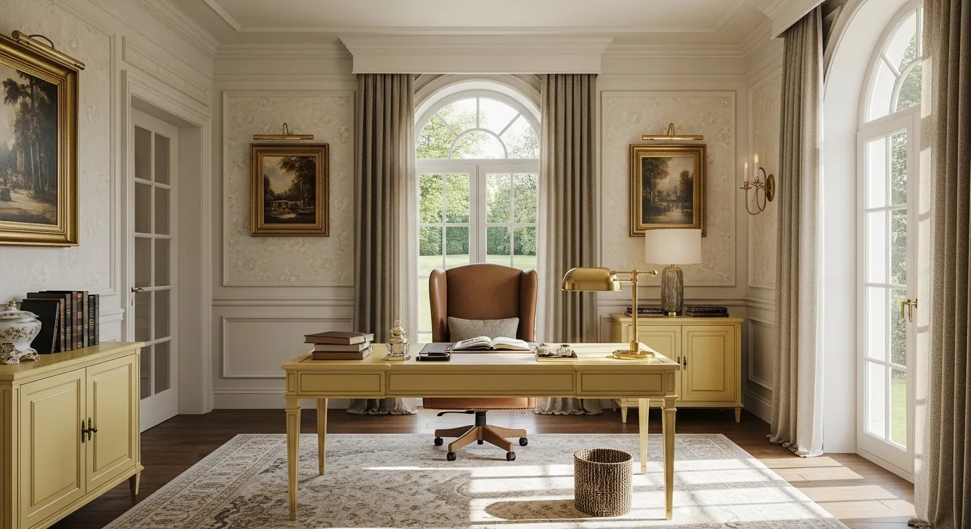 Elegant home office with classic luxury style featuring butter yellow accents and rich wooden elements.