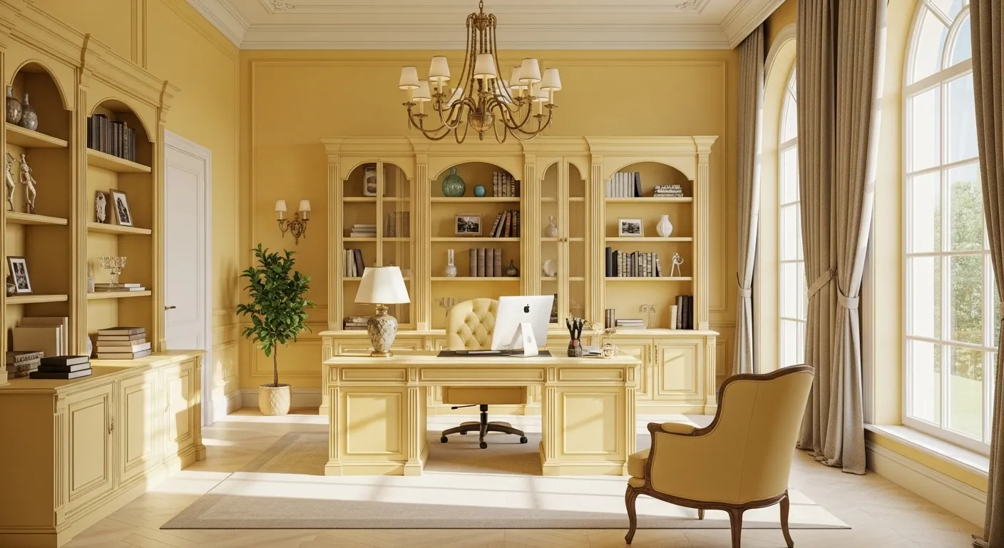Elegant home office design featuring classic luxury style with butter yellow color palette.