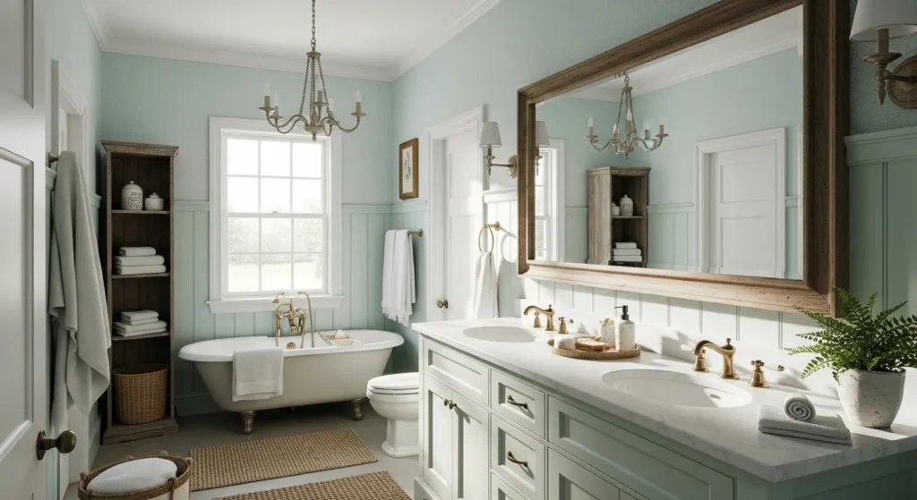 Beautiful farmhouse bathroom featuring pastel mint colors, vintage tub, and elegant decor.