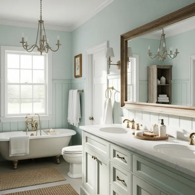 Beautiful farmhouse bathroom featuring pastel mint colors, vintage tub, and elegant decor.