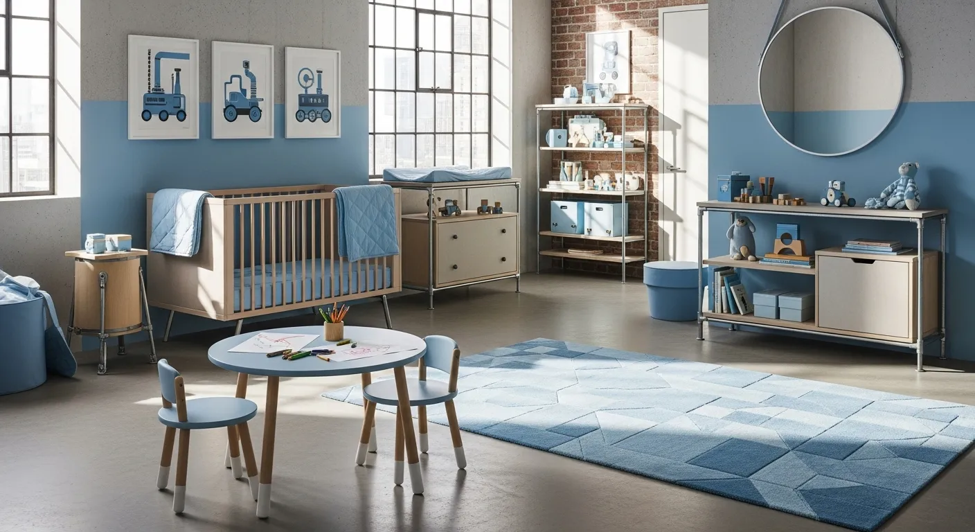 Stylish industrial nursery with sky blue accents, featuring a crib, storage, and playful decor.