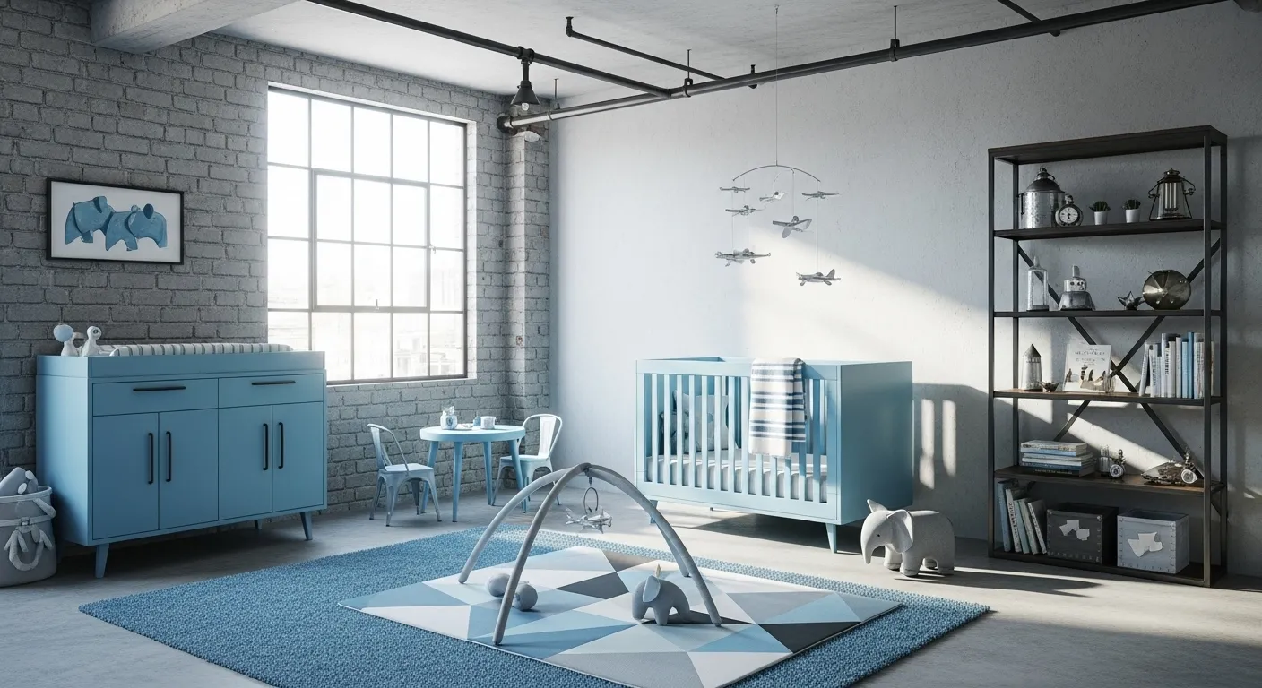 Stylish industrial nursery featuring sky blue furniture and decor elements with a cozy atmosphere.
