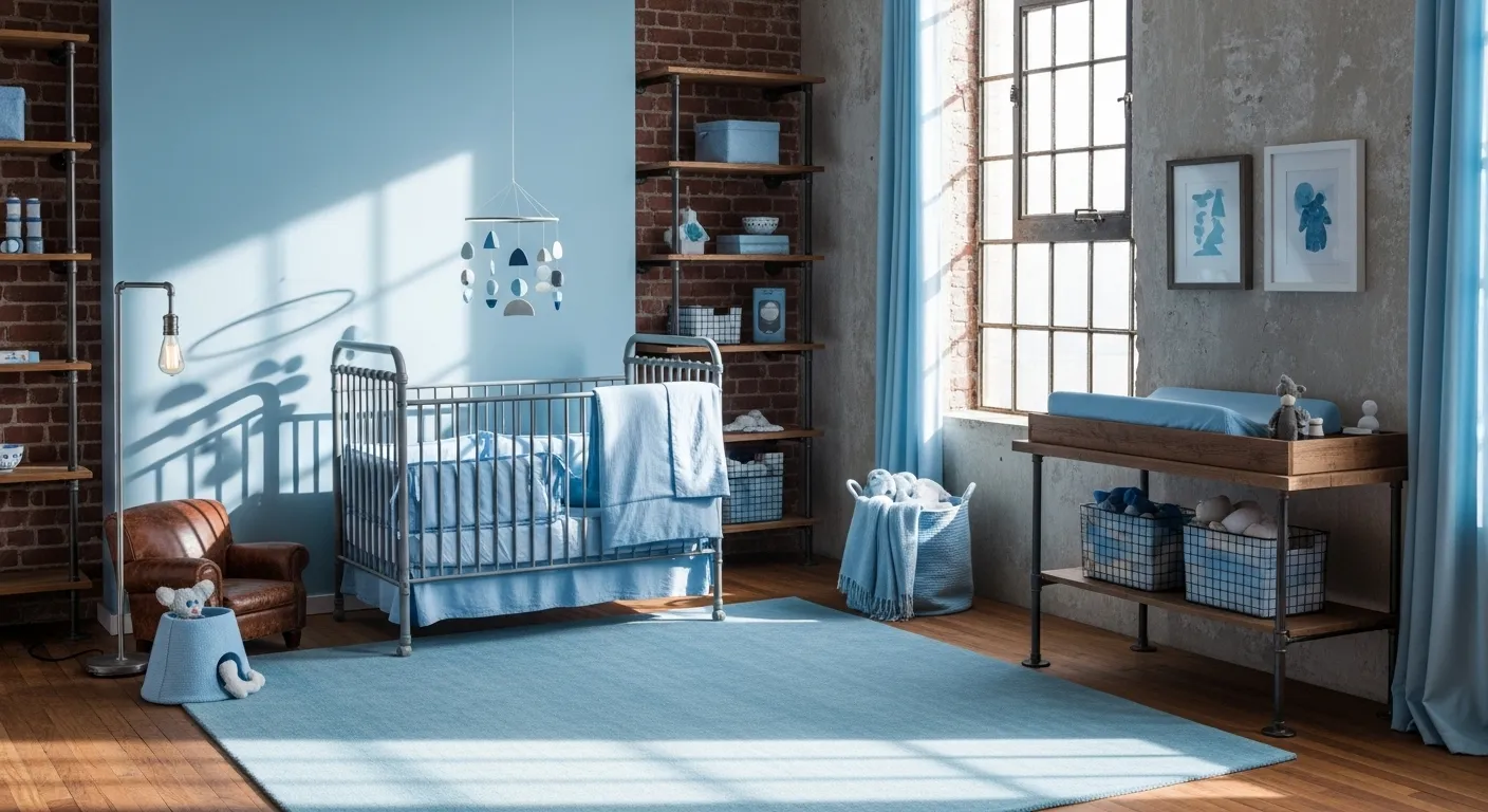 Industrial nursery design featuring sky blue accents, cozy crib, and wooden shelves.