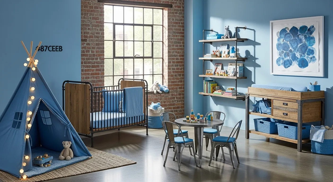 Industrial-style nursery with sky blue walls, cozy crib, and playful tent.