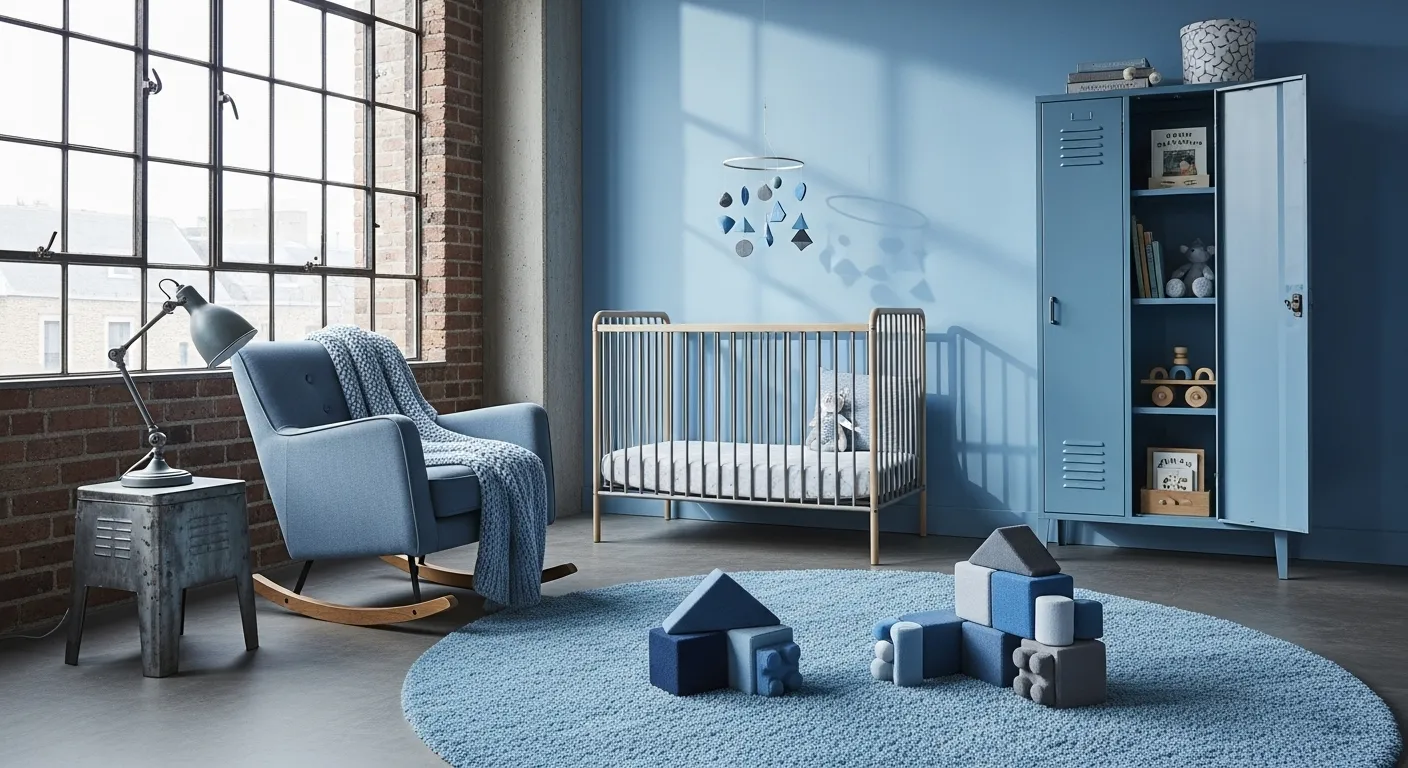 Stylish industrial nursery design featuring sky blue walls, cozy rocking chair, and playful decor.