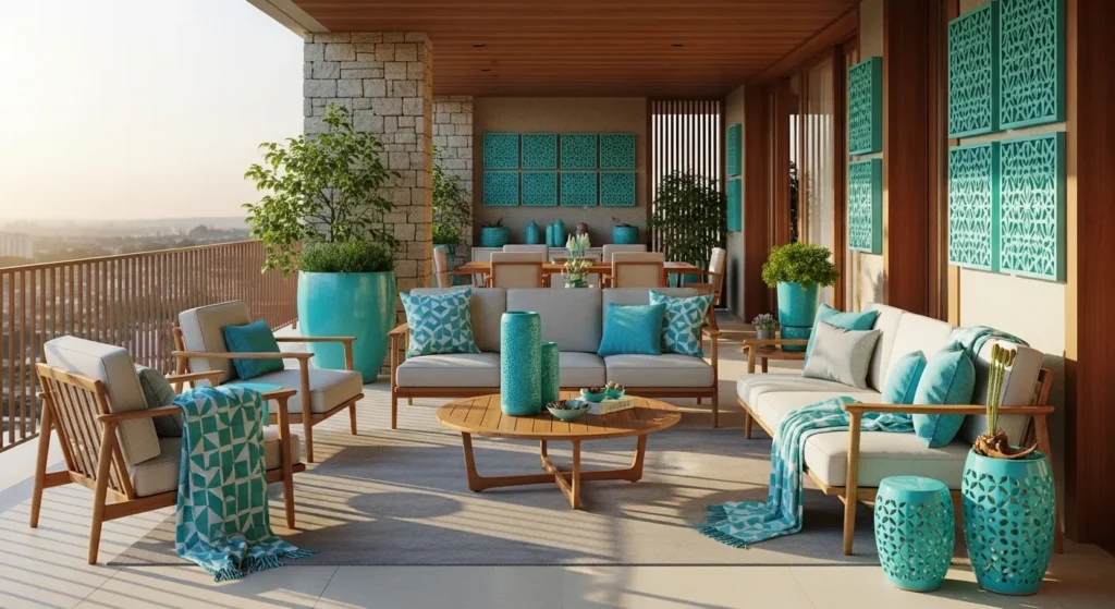 Stylish outdoor balcony with mid-century modern furniture in turquoise color palette, perfect for everyday relaxation.