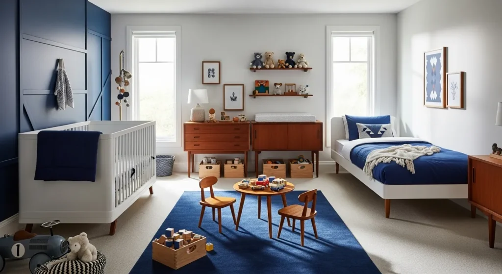 Mid-century modern nursery with navy blue accents and cozy decor for kids.
