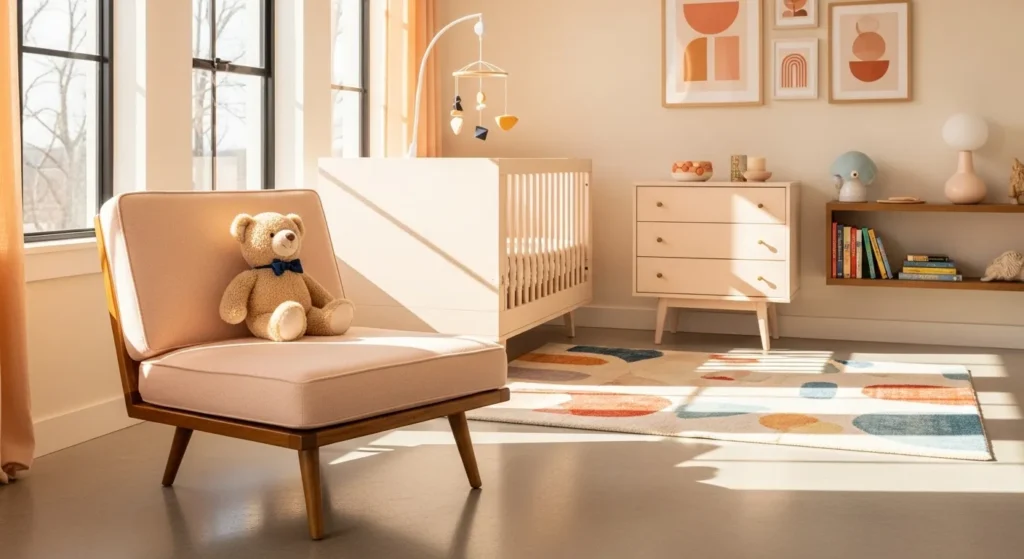 Mid-century modern nursery with creamy peach tones, stylish furniture, and playful decor.