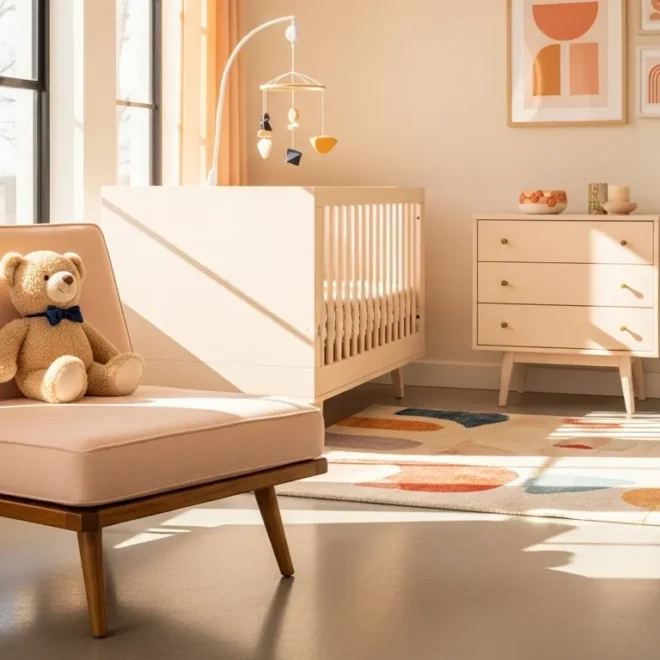 Mid-century modern nursery with creamy peach tones, stylish furniture, and playful decor.