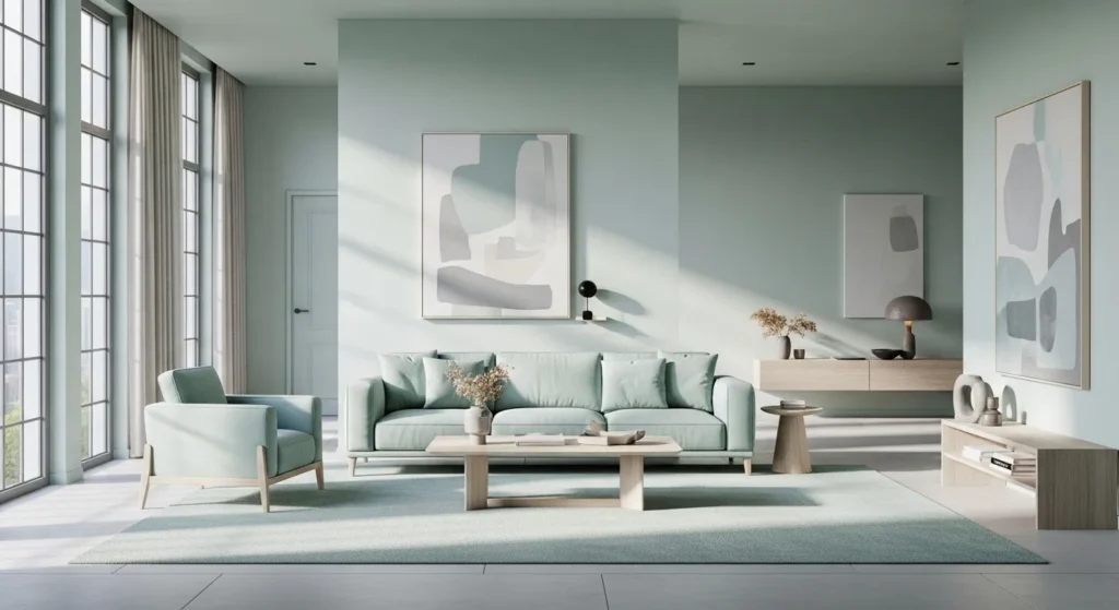 Minimalist living room design featuring pastel mint colors, large windows, and elegant furniture.