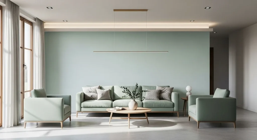 Minimalist living room featuring pastel mint furniture and decor for a calming atmosphere.
