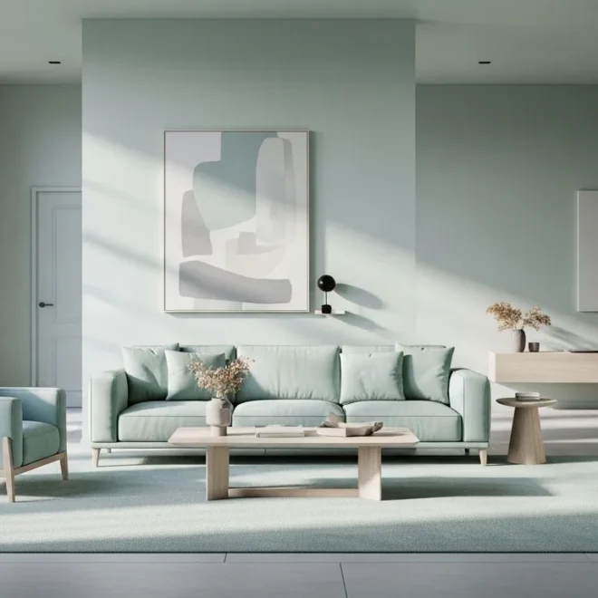 Minimalist living room design featuring pastel mint colors, large windows, and elegant furniture.