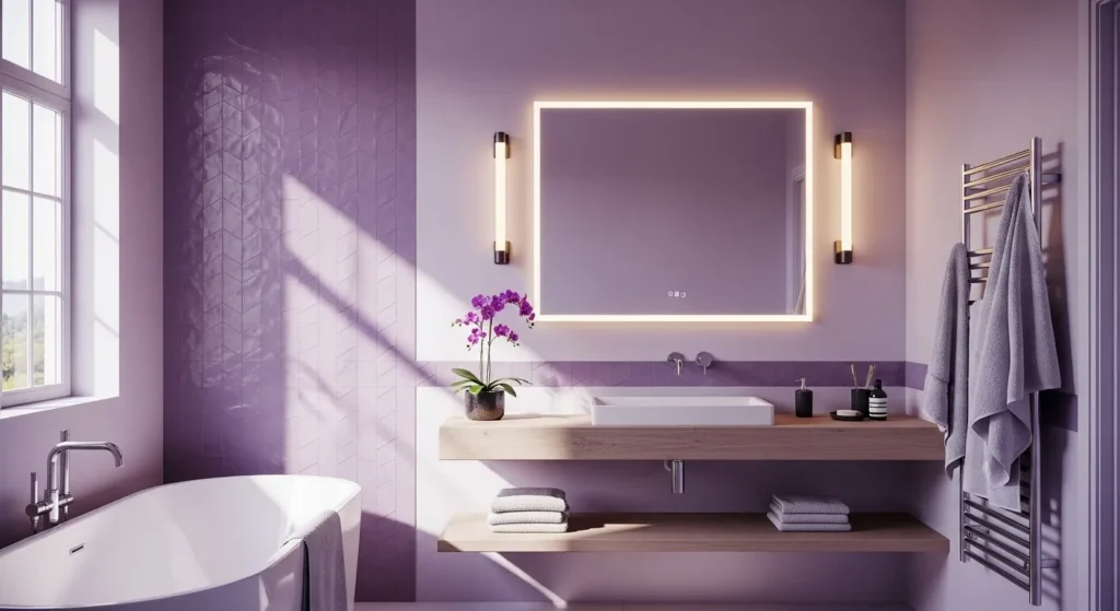 Modern bathroom design featuring pastel purple walls, sleek fixtures, and warm lighting for a cozy atmosphere.