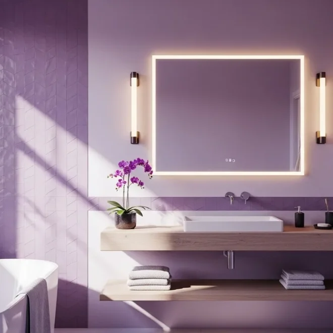 Modern bathroom design featuring pastel purple walls, sleek fixtures, and warm lighting for a cozy atmosphere.