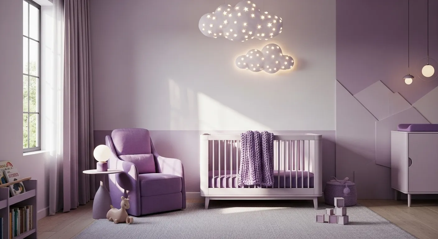 Modern nursery room designed with pastel purple colors, featuring a crib, cozy chair, and whimsical cloud lighting.