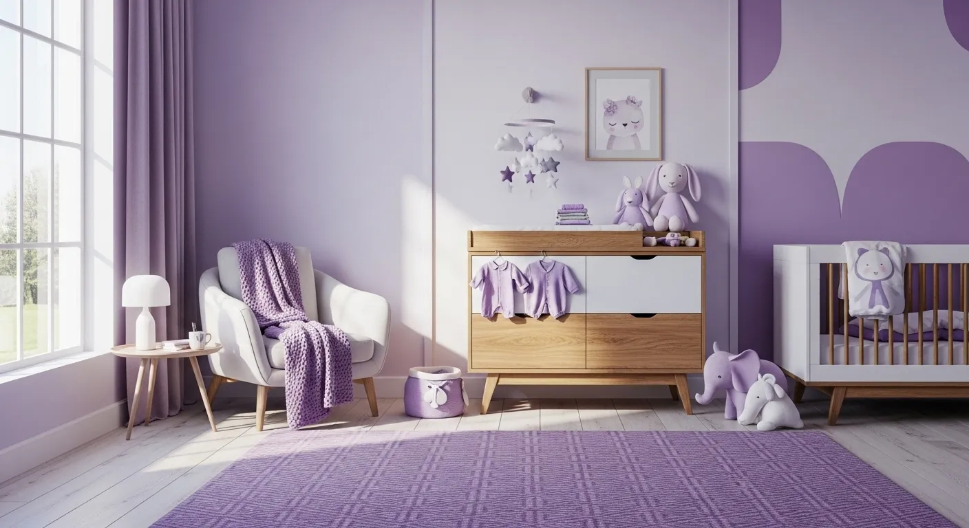 Modern nursery design featuring pastel purple decor elements, cozy armchair, and wooden furniture.