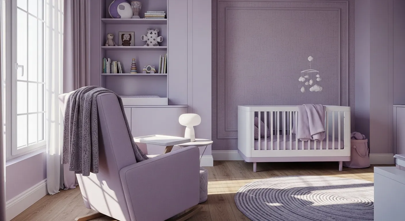 Stylish modern nursery decorated in pastel purple with a cozy rocking chair and crib.