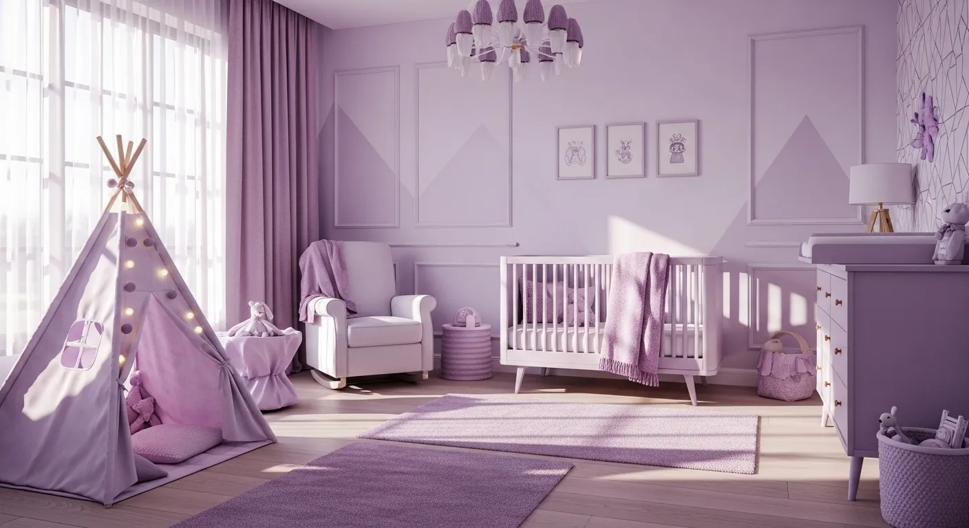 Beautiful modern nursery room designed in pastel purple with a cozy crib and play tent.