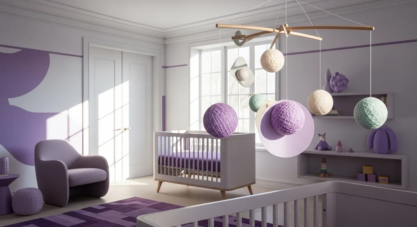 Modern nursery featuring pastel purple decor, cozy furniture, and playful elements.